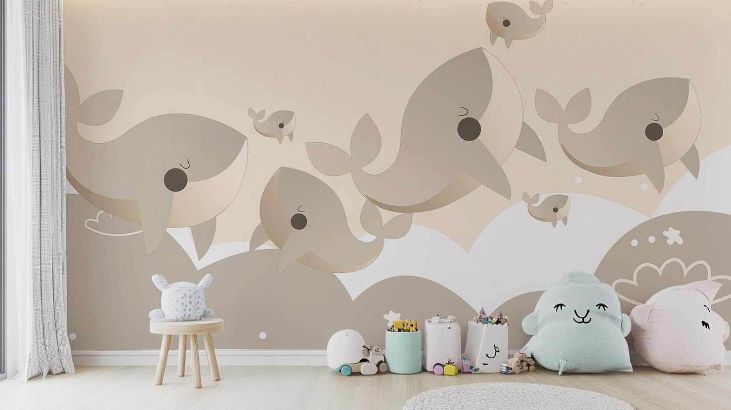 Warm cream whale mural for a feature wall mural.