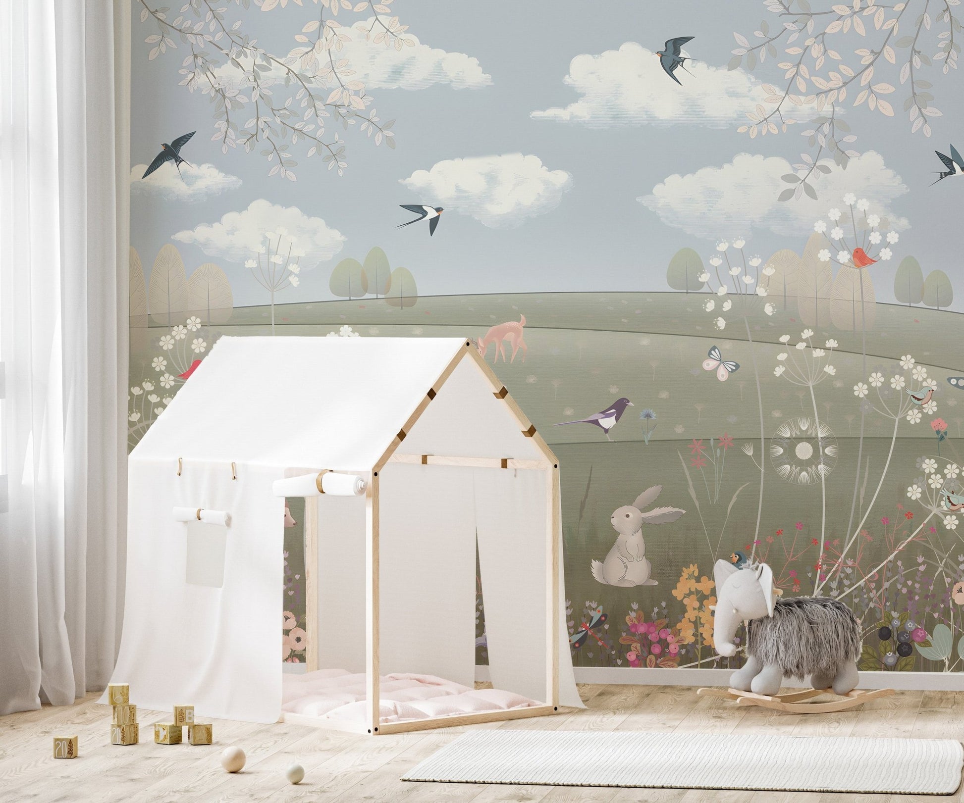 Decorative wildlife meadow wallpaper in gentle color palette.