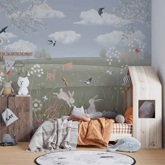 Scenic wildlife meadow wallpaper with balanced composition.