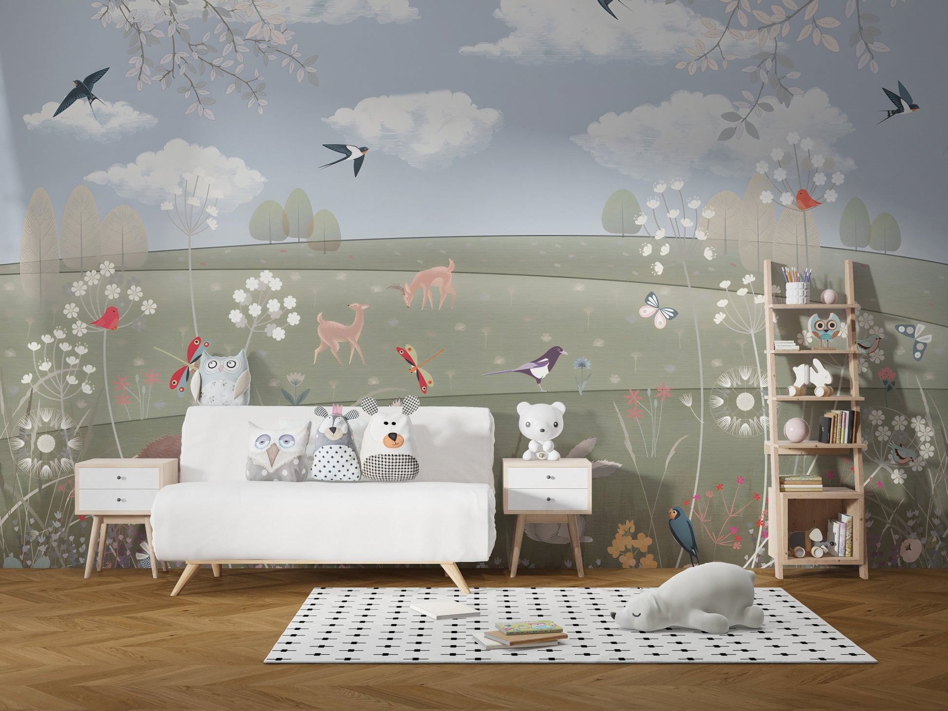 Whimsical wildlife wallpaper with deer butterflies and greenery.
