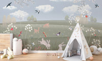 Playful wildlife wallpaper mural with rabbits birds and meadow flowers.