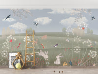 Artistic woodland creatures wall mural in subtle earth colors.