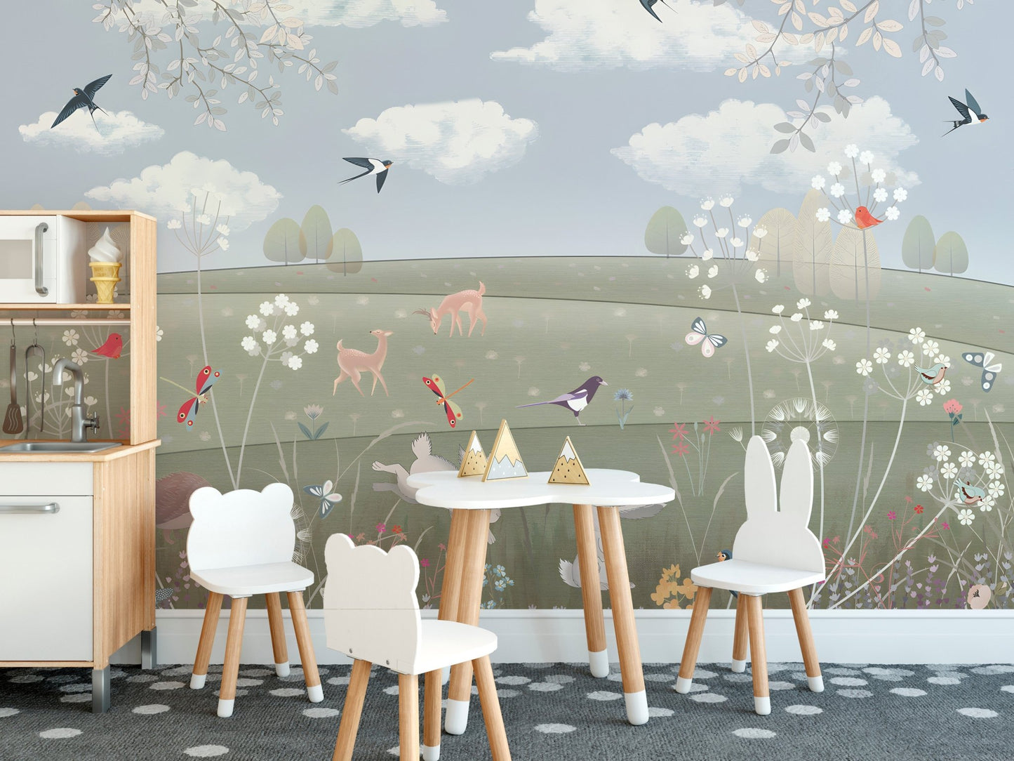 Woodland animals wall mural in soft pastel color illustration.