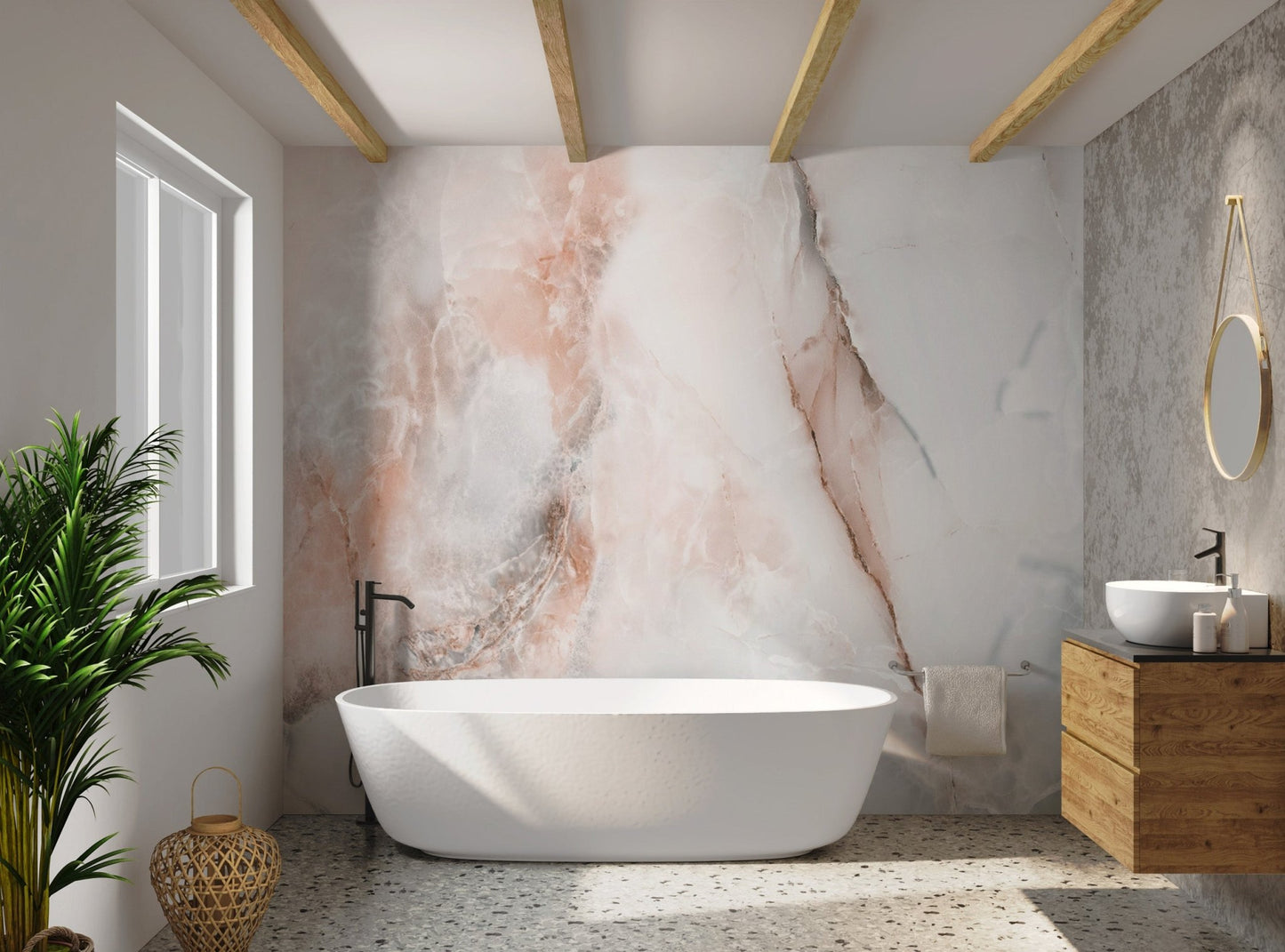 Wall decor with stunning polished onyx marble patterns.