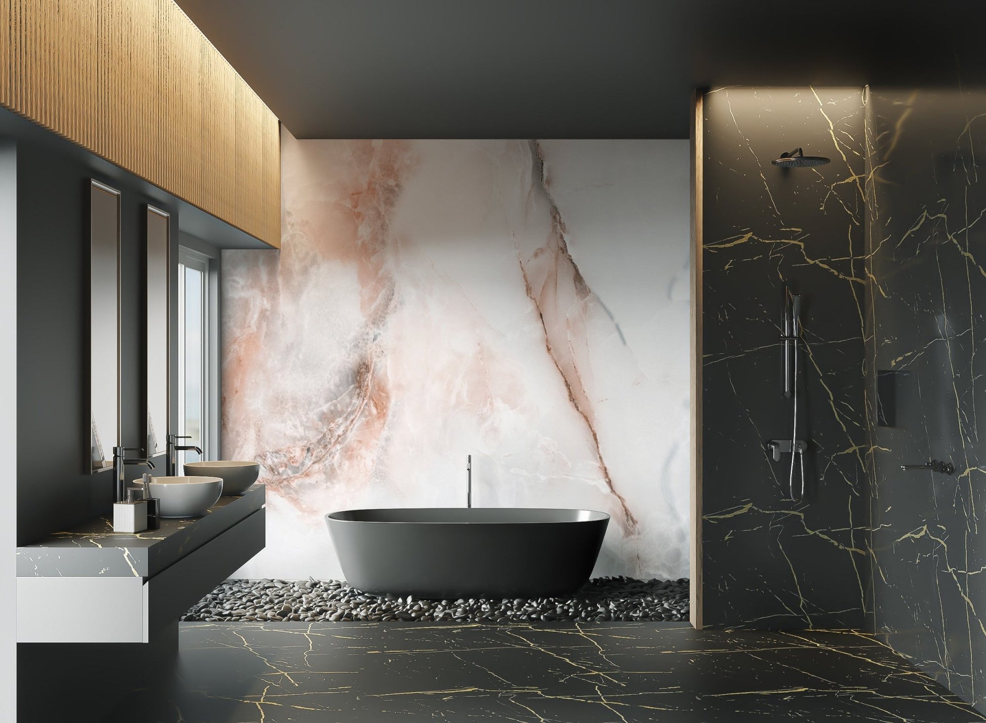 Onyx marble wall mural for a timeless, refined bathroom look.