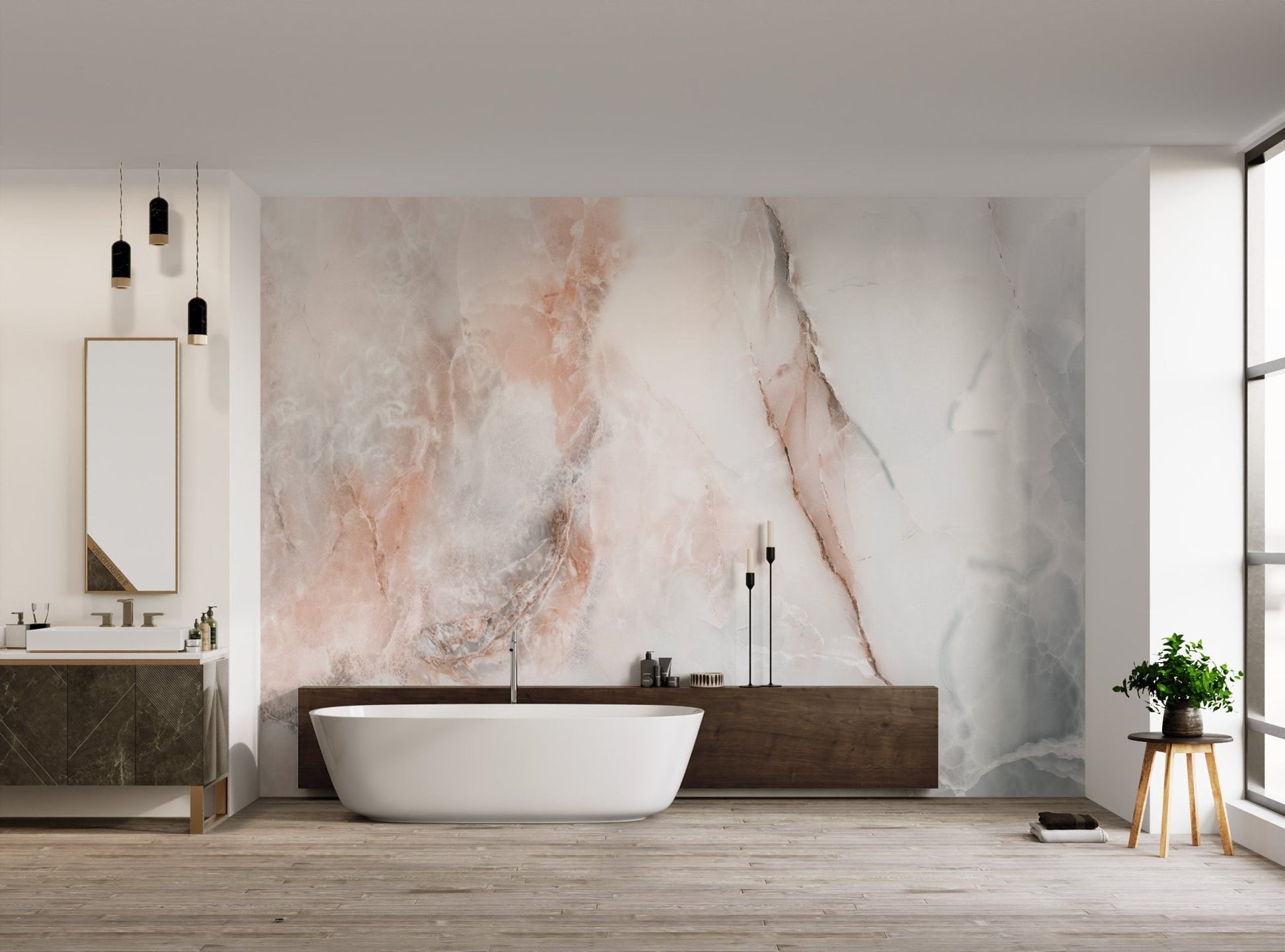 Polished onyx marble wall mural with a modern aesthetic.