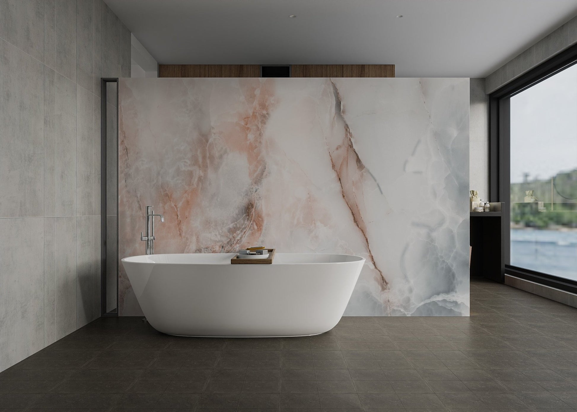 Sophisticated mural showcasing polished onyx marble details for bathroom interior.