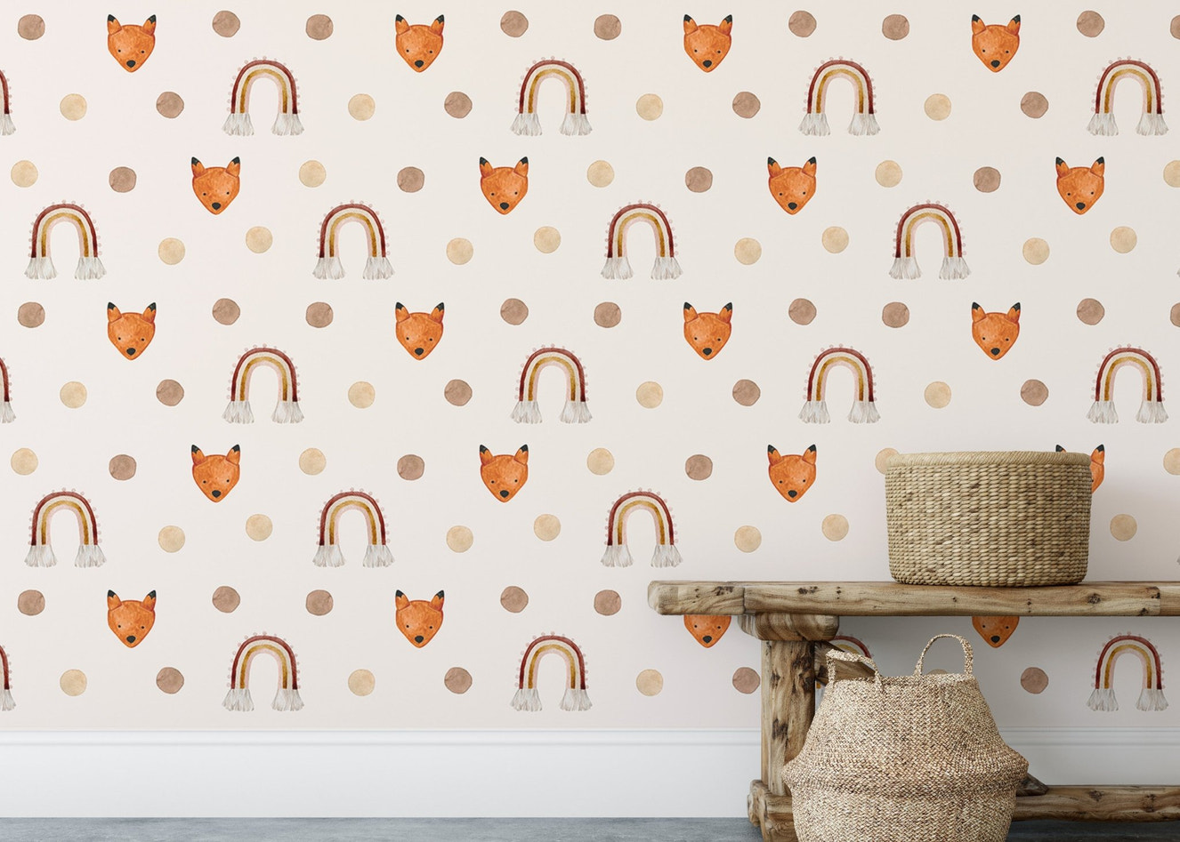 Polka Dots Brown Beige Rainbow Fox Kids Room Wallpaper