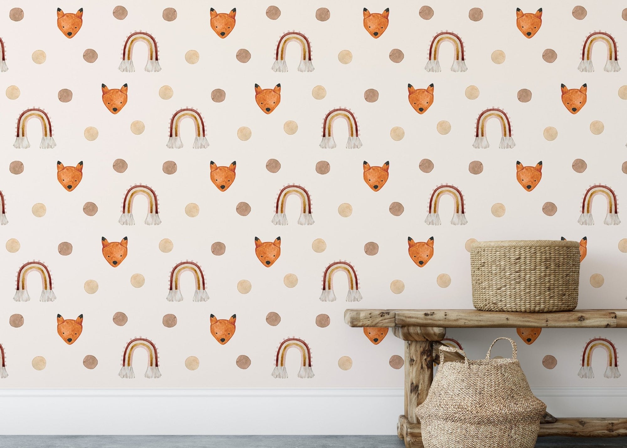 Brown rainbow and fox head pattern wallpaper in a kids bedroom with wooden furniture.