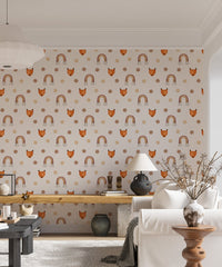 Fox and polka dot wallpaper in a living room setting with a white sofa.
