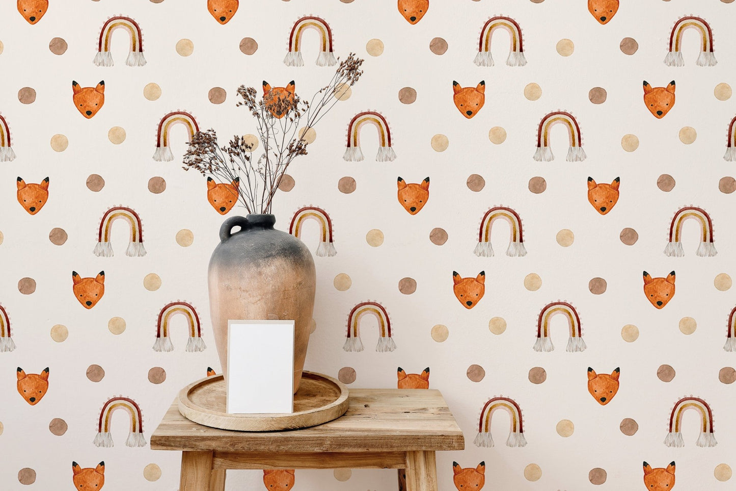 Patterned fox wallpaper behind a wooden shelf with decorative vases.