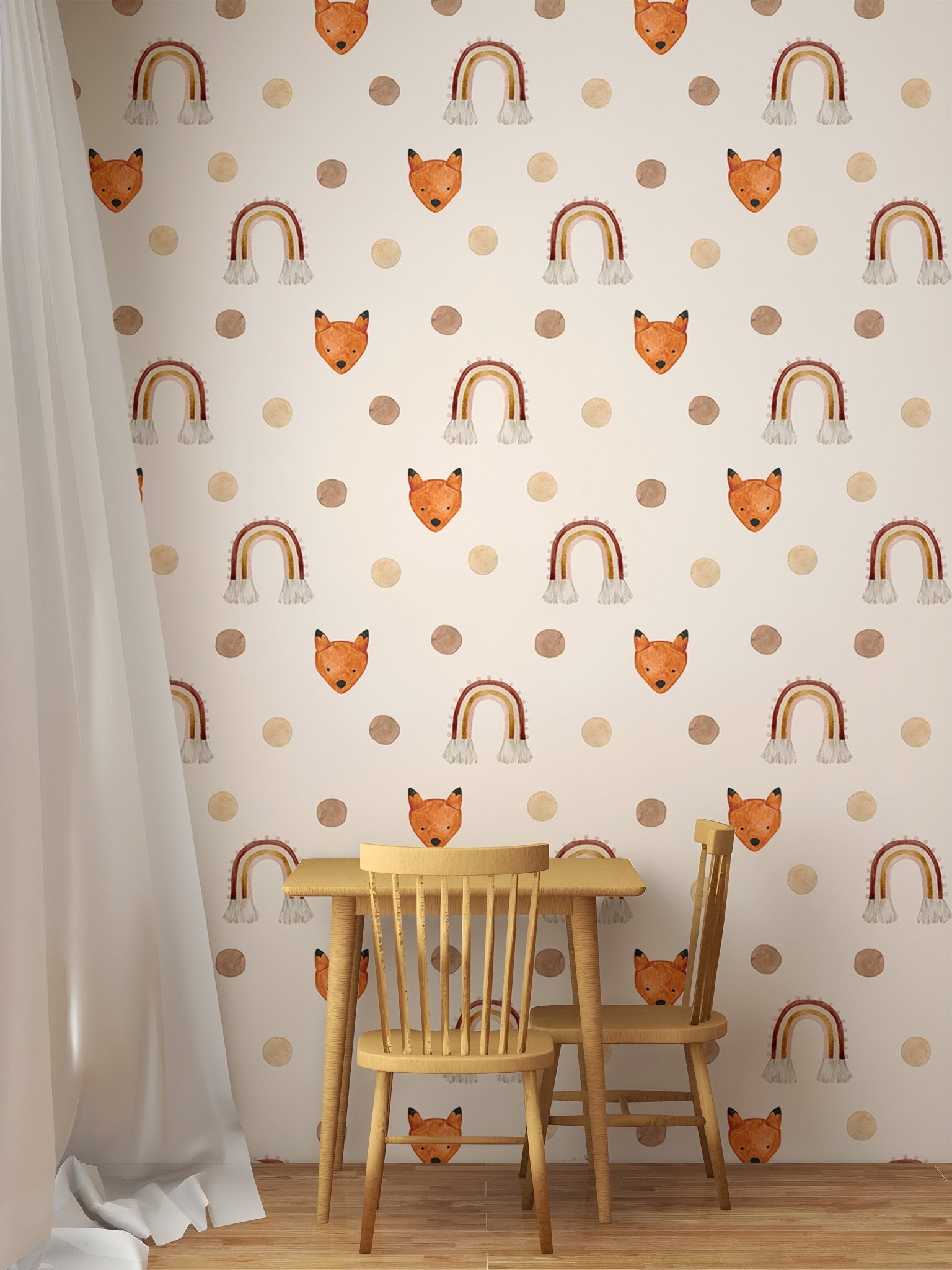 Small dining area featuring fox and rainbow wallpaper with a wooden table.