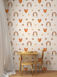 Small dining area featuring fox and rainbow wallpaper with a wooden table.