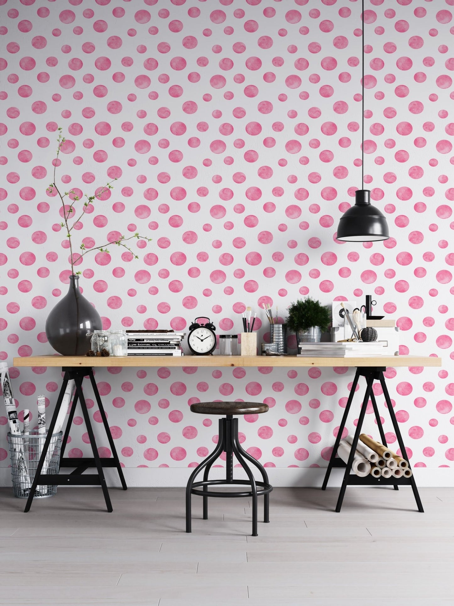 Polka Dots Pink Watercolor Abstract Circles Wallpaper in a home office with a black desk.
