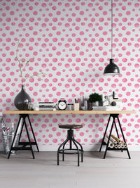 Polka Dots Pink Watercolor Abstract Circles Wallpaper in a home office with a black desk.