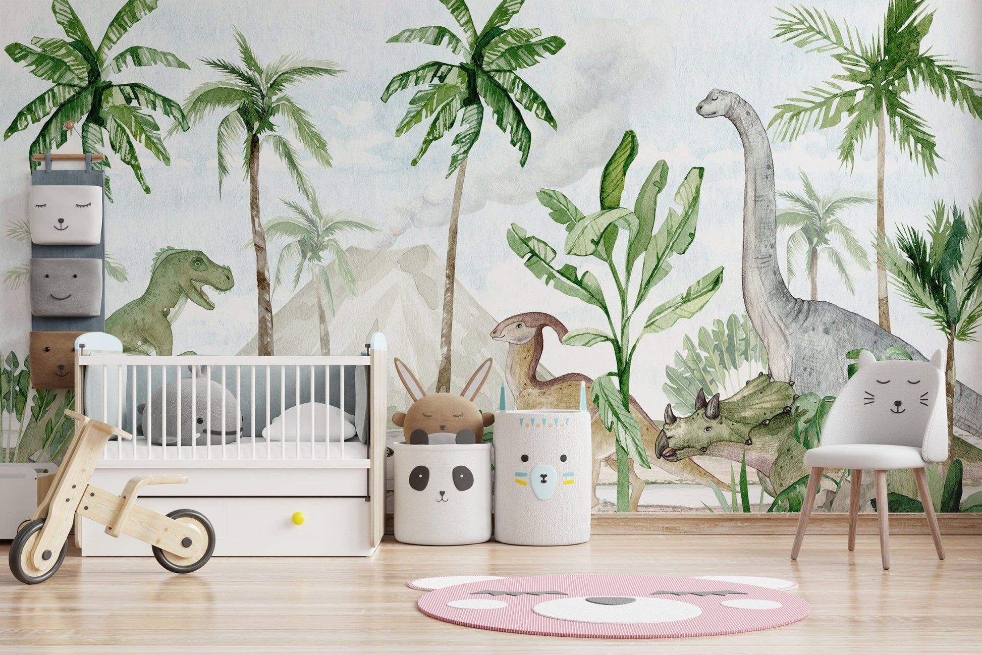 Prehistoric-themed mural with dinosaurs in watercolor style
