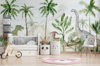 Prehistoric-themed mural with dinosaurs in watercolor style
