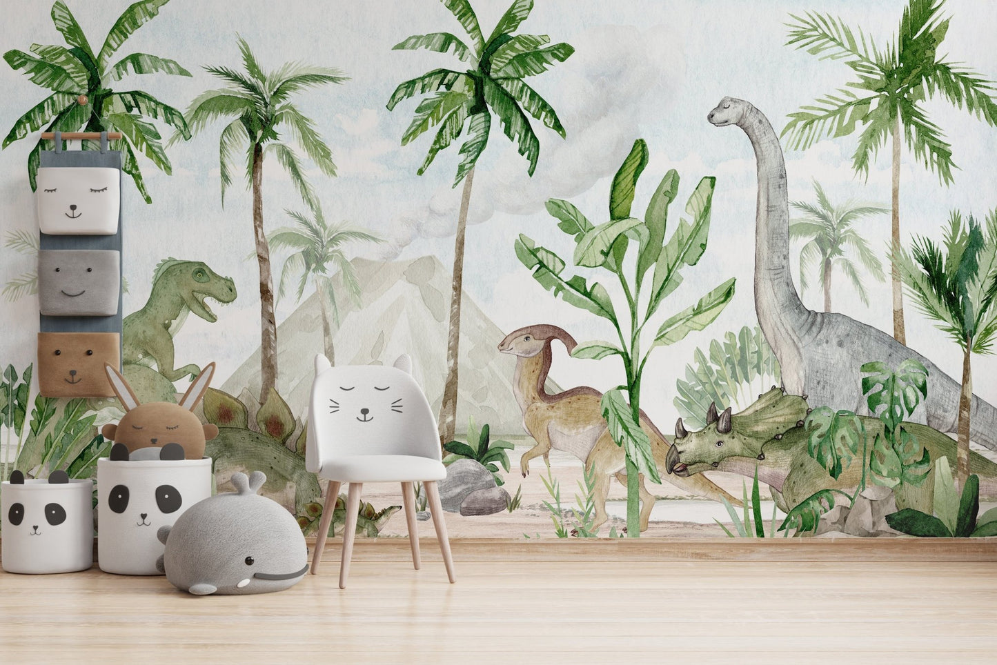 Watercolor mural with lush prehistoric flora and fauna

