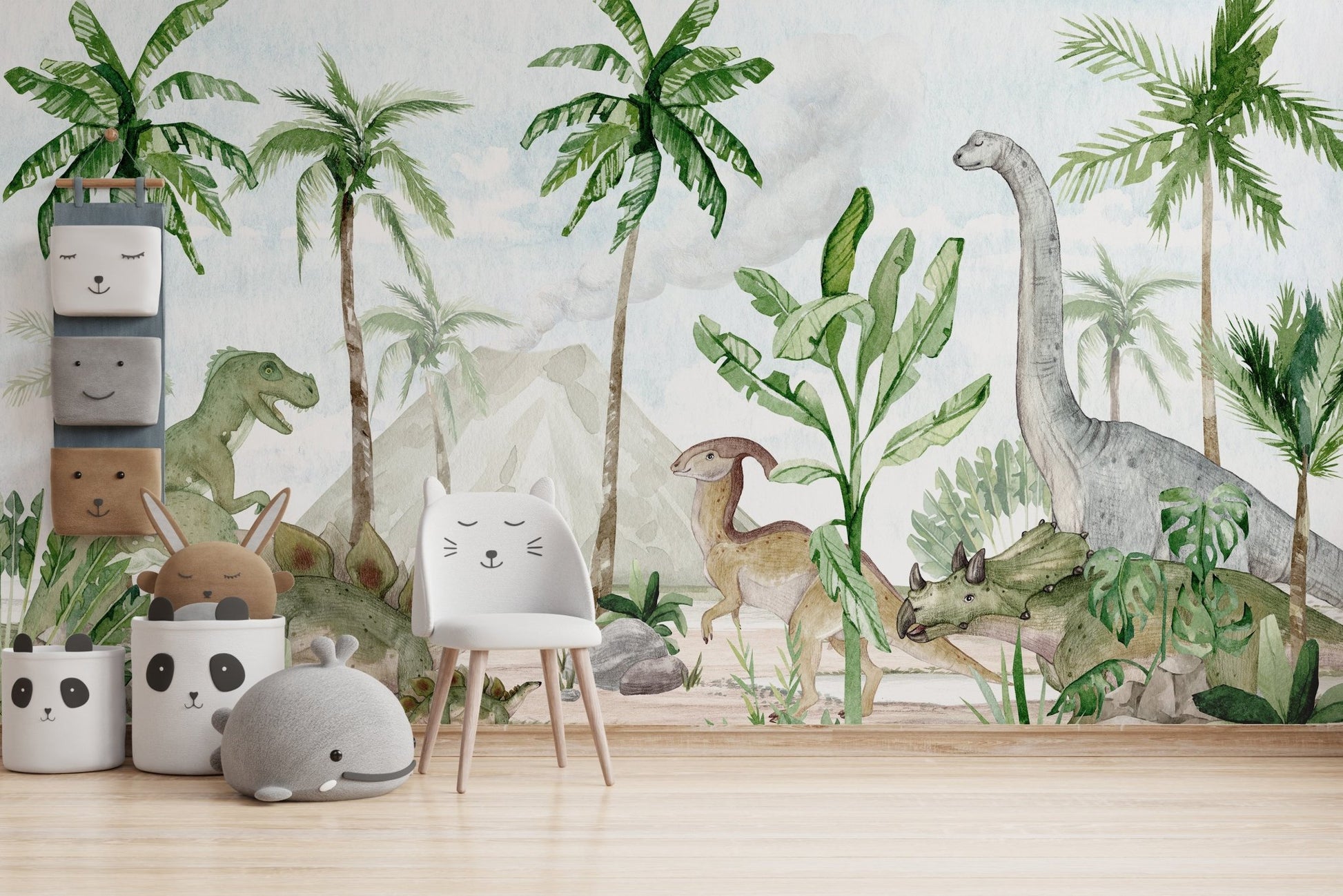Watercolor mural with lush prehistoric flora and fauna
