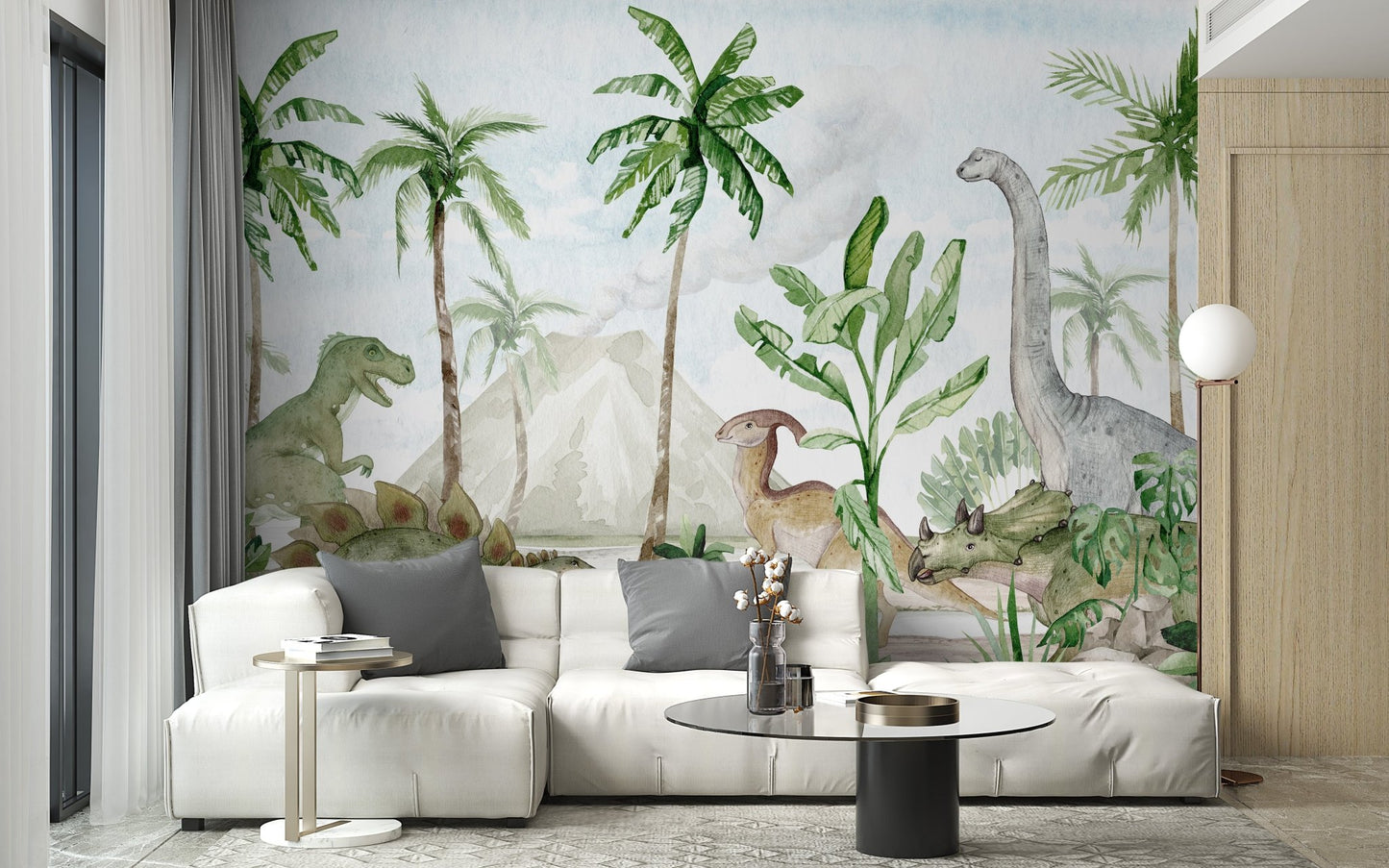 Unique watercolor mural capturing a prehistoric paradise theme