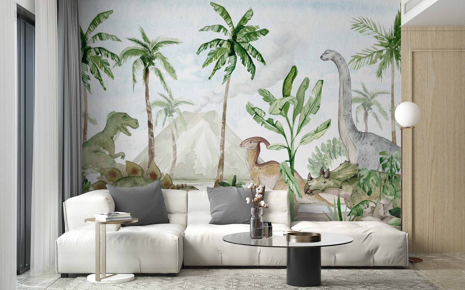 Unique watercolor mural capturing a prehistoric paradise theme