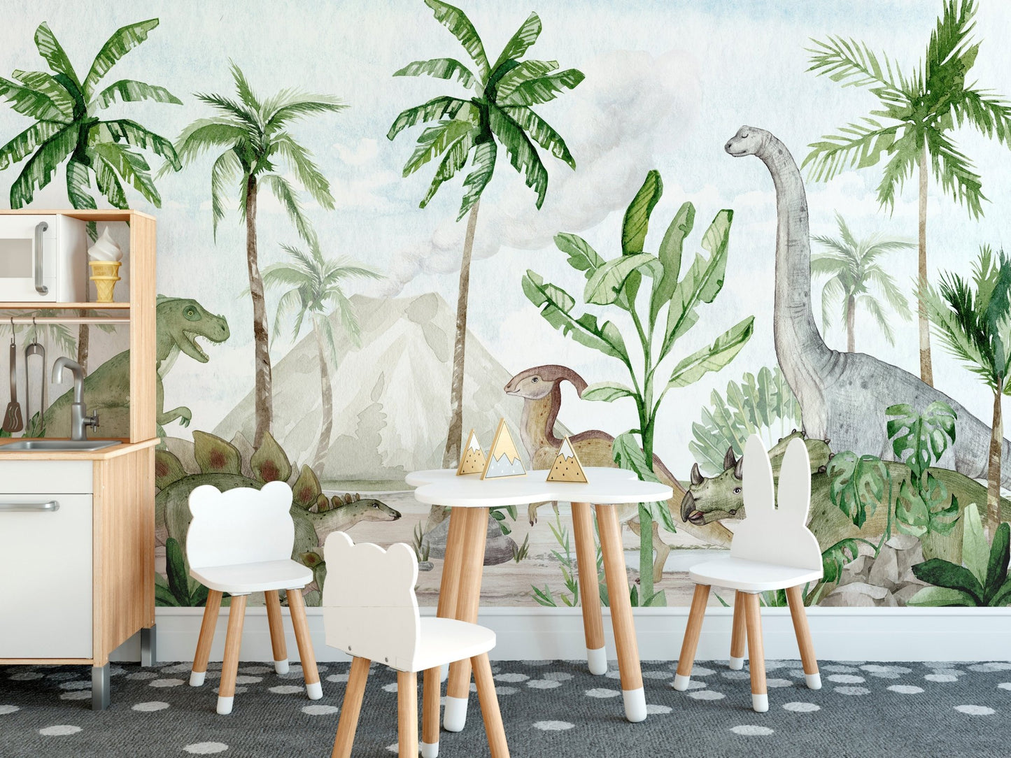 Dinosaur-themed watercolor mural for playful interiors

