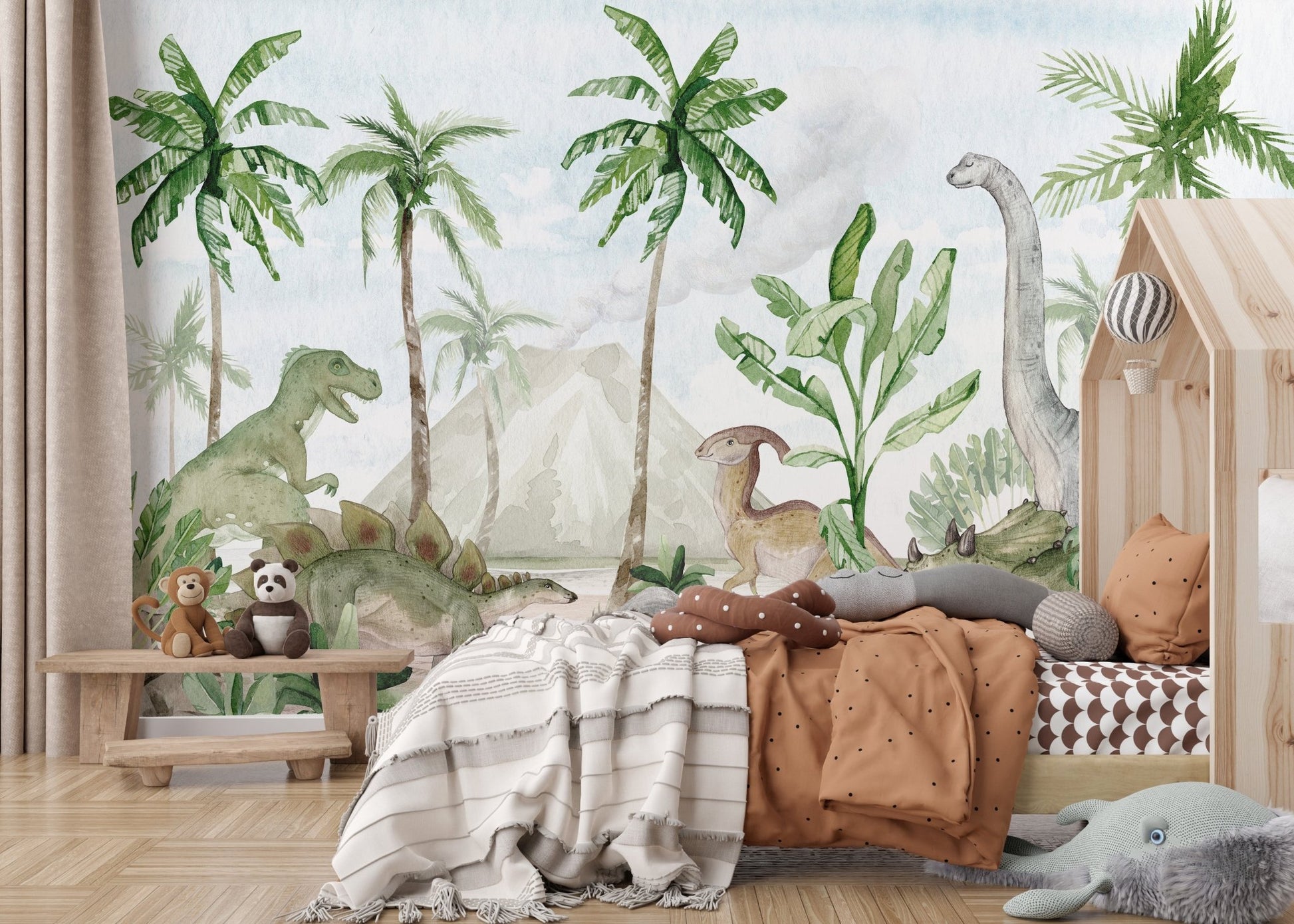 Artistic watercolor mural showcasing a prehistoric landscape
