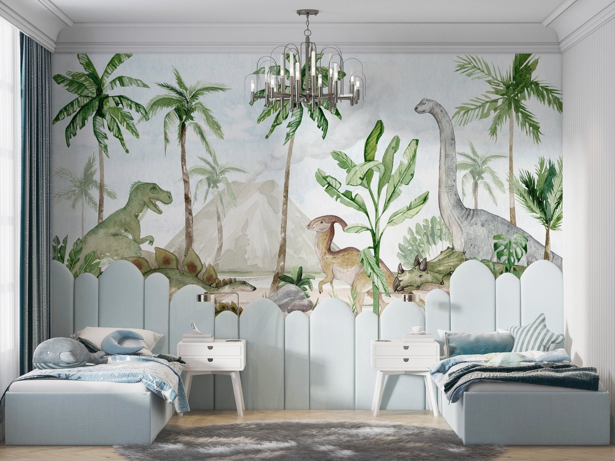 Colorful prehistoric paradise design for kids bedroom wall decor.
