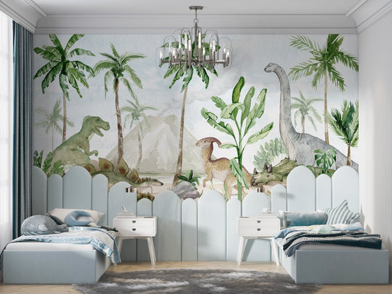 Colorful prehistoric paradise design for kids bedroom wall decor.
