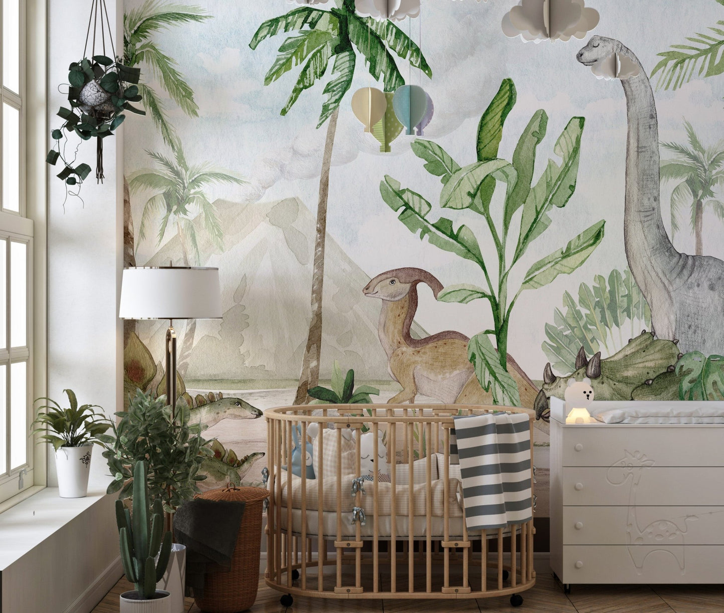 Vibrant wall decor with a prehistoric watercolor landscape
