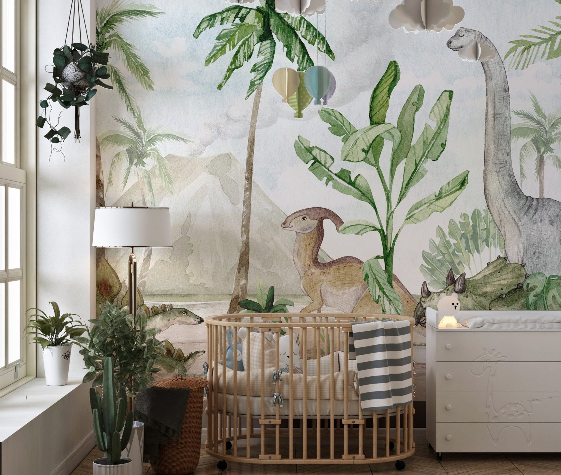 Vibrant wall decor with a prehistoric watercolor landscape
