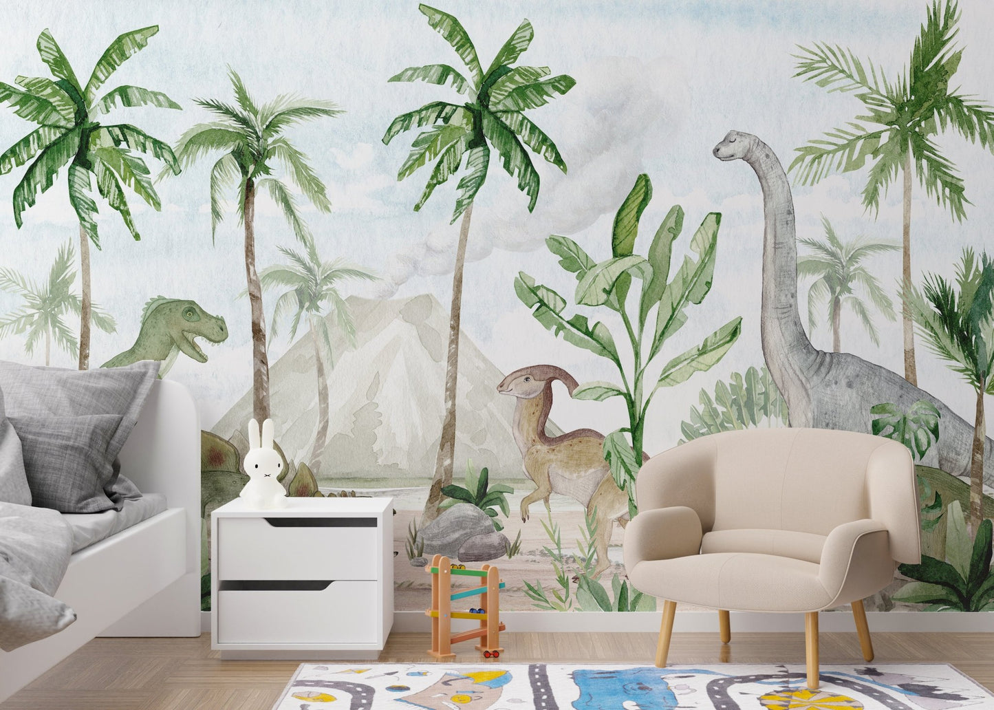 Decorative mural featuring a prehistoric paradise illustration
