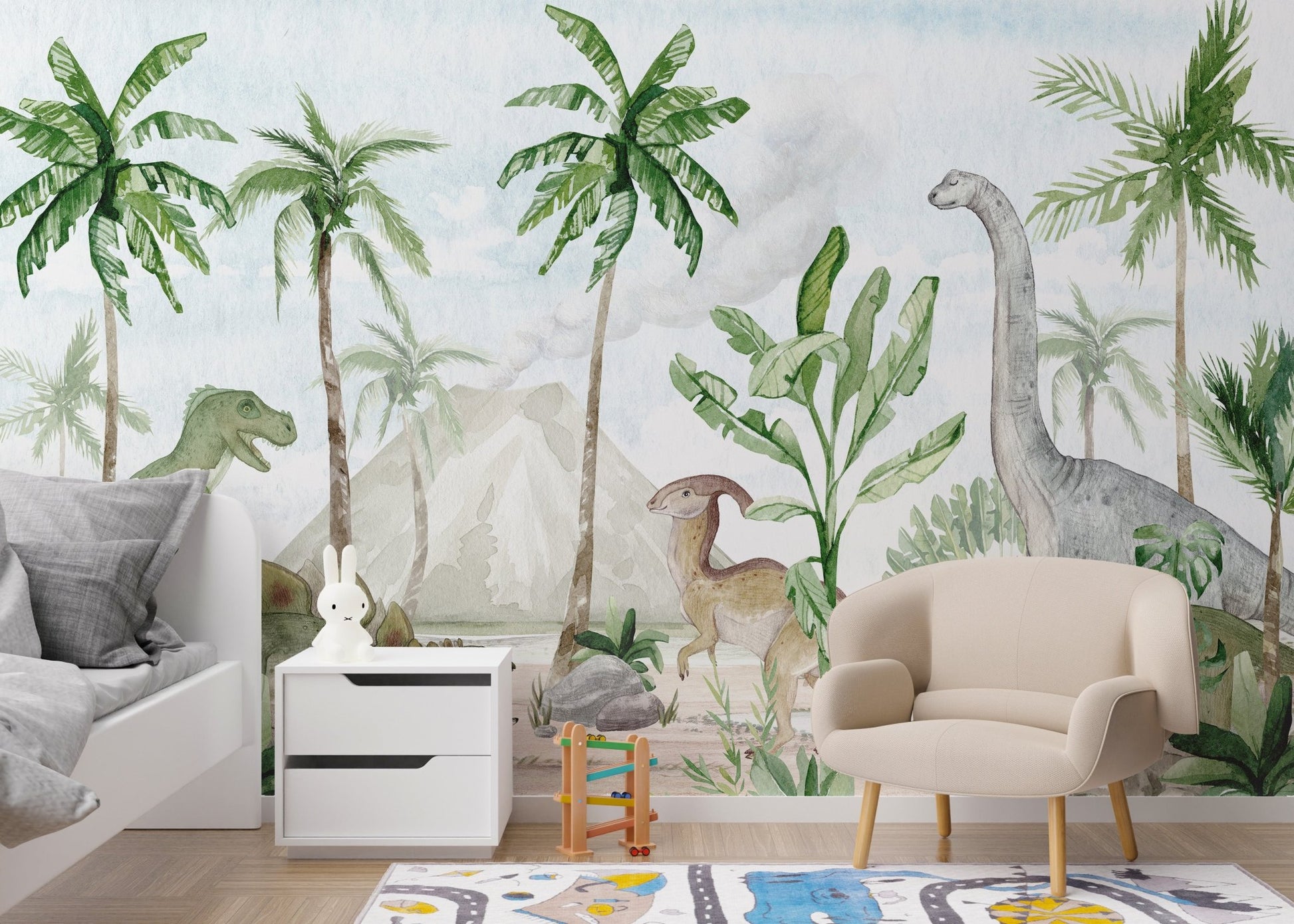 Decorative mural featuring a prehistoric paradise illustration
