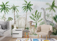 Decorative mural featuring a prehistoric paradise illustration

