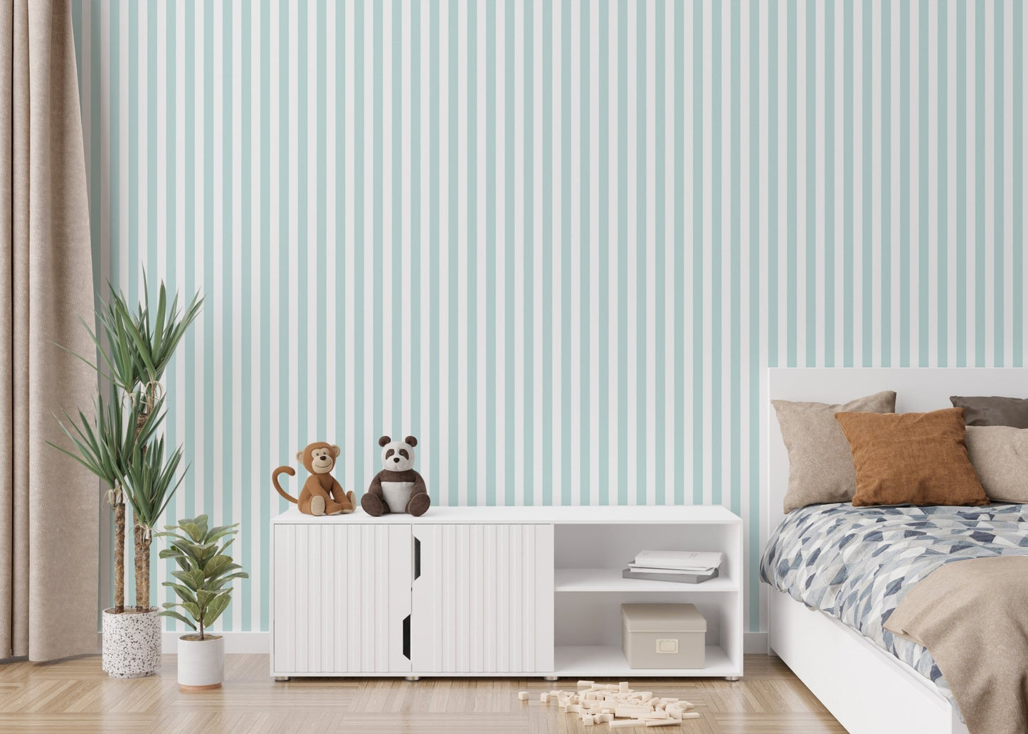 Bedroom wall featuring turquoise vertical stripe wallpaper next to a white cabinet.