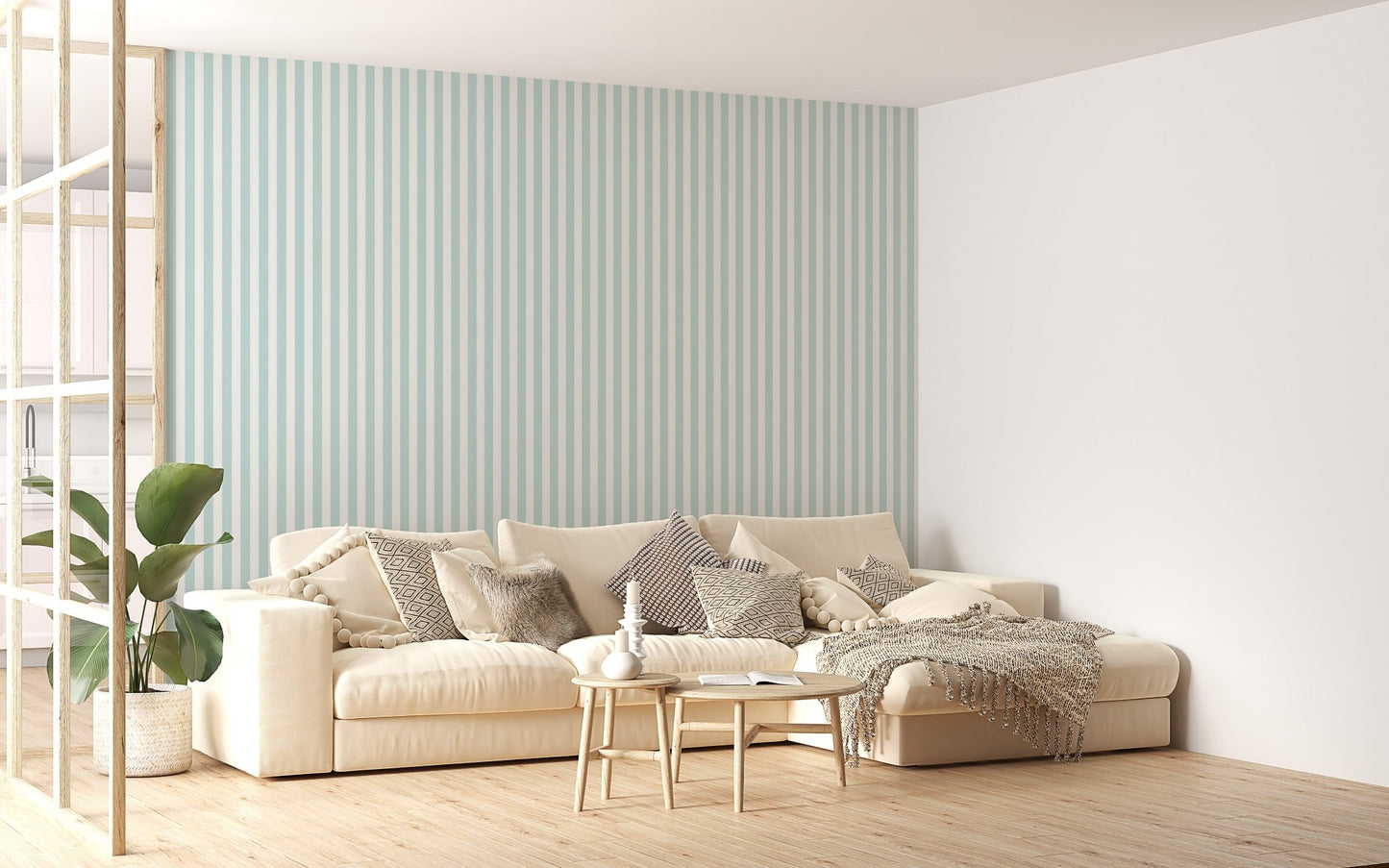 Large living room wallpaper with wide vertical stripes behind a cream sofa.