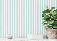 Vertical striped wallpaper behind a potted plant on a white shelf.