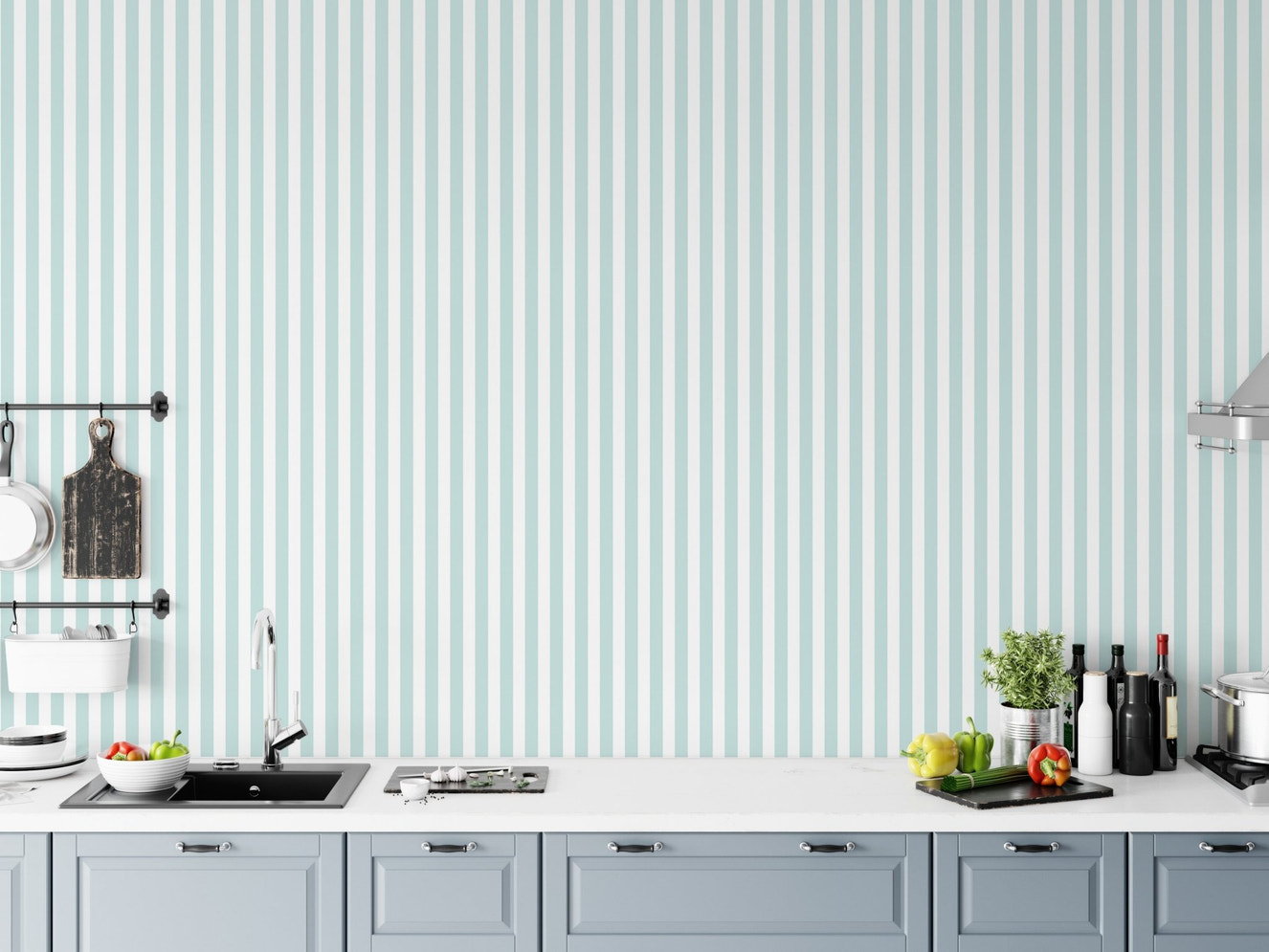 Wide turquoise and white vertical stripe wallpaper in a modern kitchen setting.