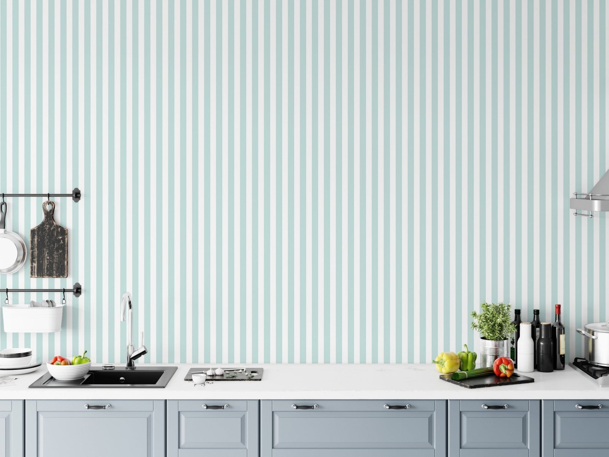 Wide turquoise and white vertical stripe wallpaper in a modern kitchen setting.
