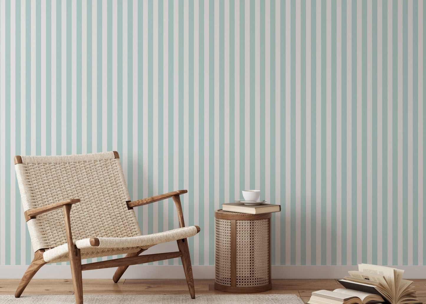 Preppy vertical stripe wallpaper in a reading area with a woven chair.