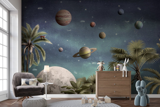 Celestial pretty planets wallpaper with tropical palm trees and leopards.