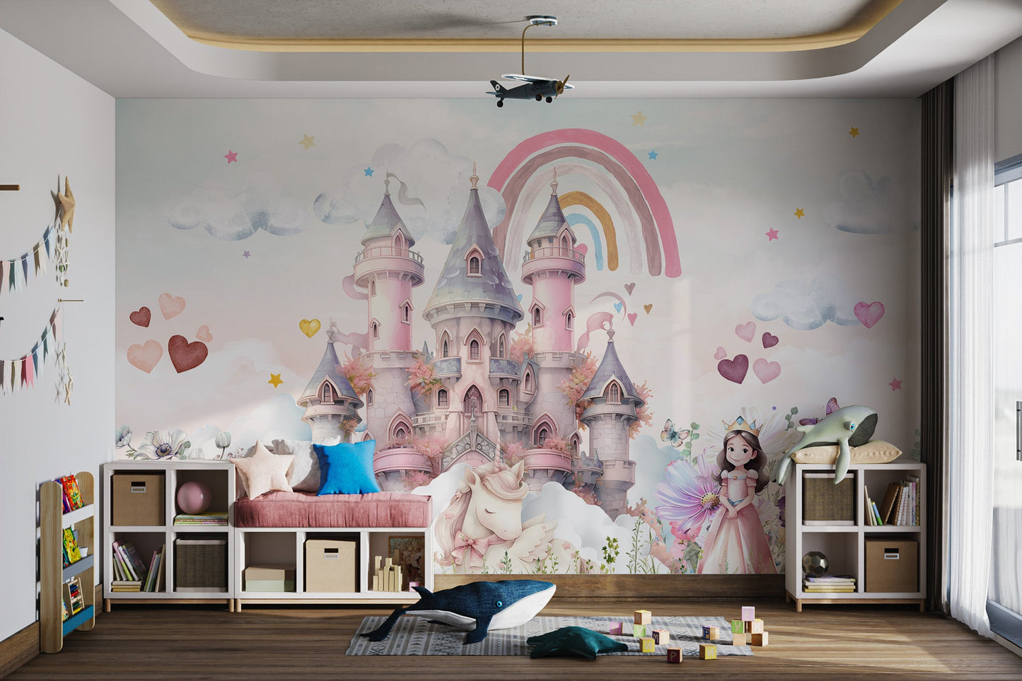 Pink towers princess castle unicorn rainbow wall mural in kids playroom.