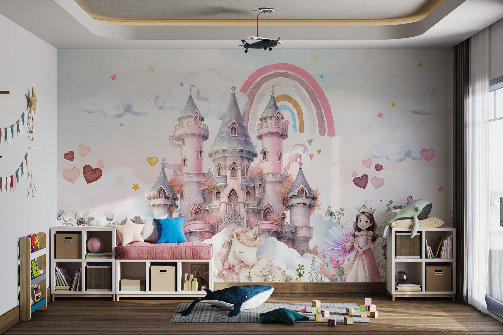 Pink towers princess castle unicorn rainbow wall mural in kids playroom.