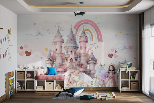 Pink towers princess castle unicorn rainbow wall mural in kids playroom.