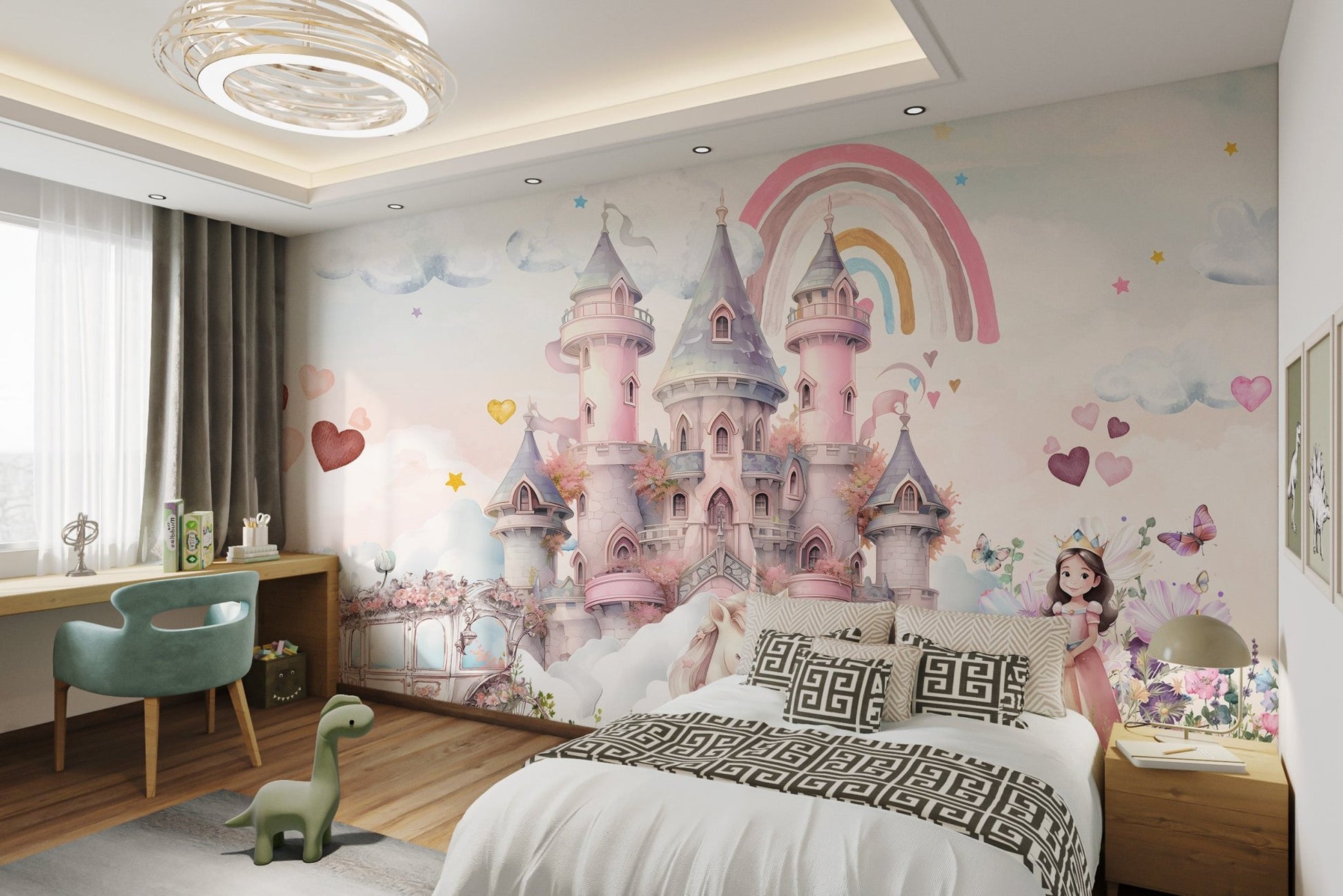 Dreamy watercolor castle with a sleeping unicorn wall mural. 