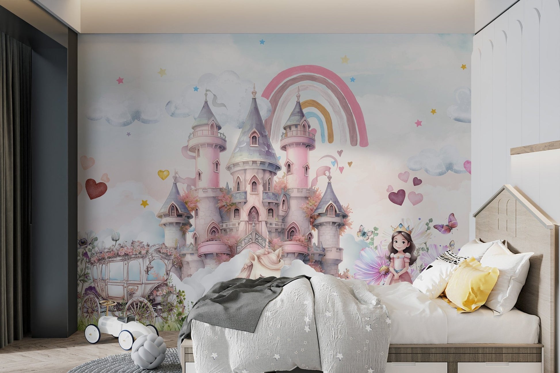 Large purple flowers and flying butterflies wall mural in kids bedroom.