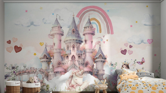 Sleeping white unicorn with a pink bow wall mural for child's bedroom.