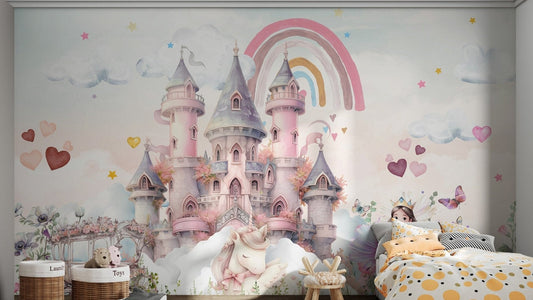 Sleeping white unicorn with a pink bow wall mural for child's bedroom.