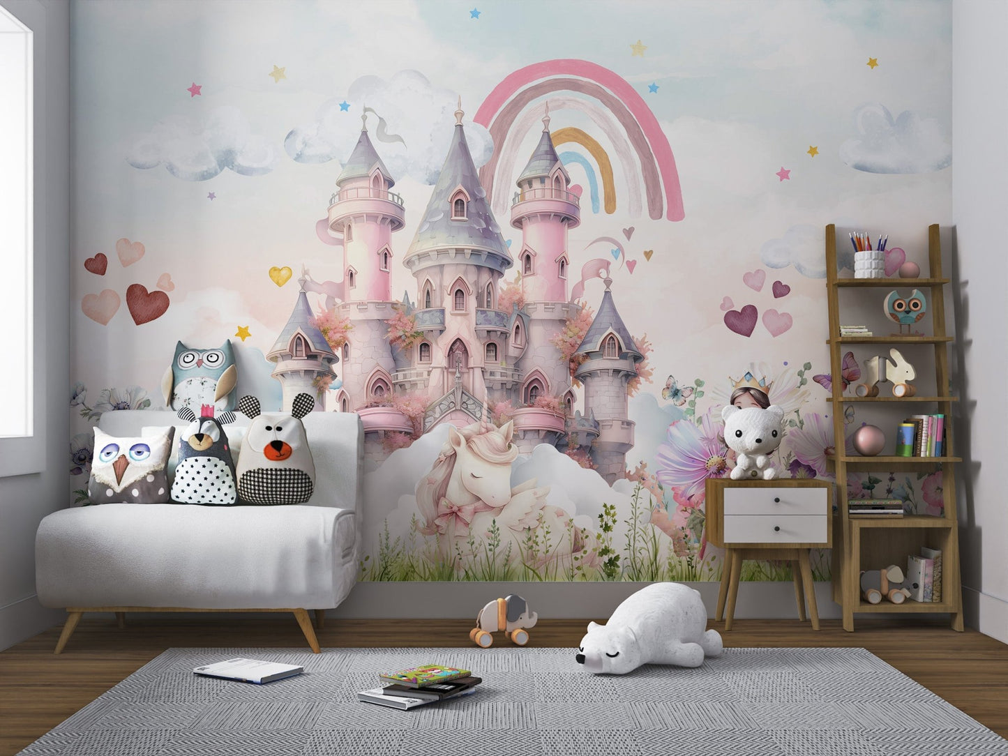 Pink and lavender castle towers with stars wall mural in children's room.