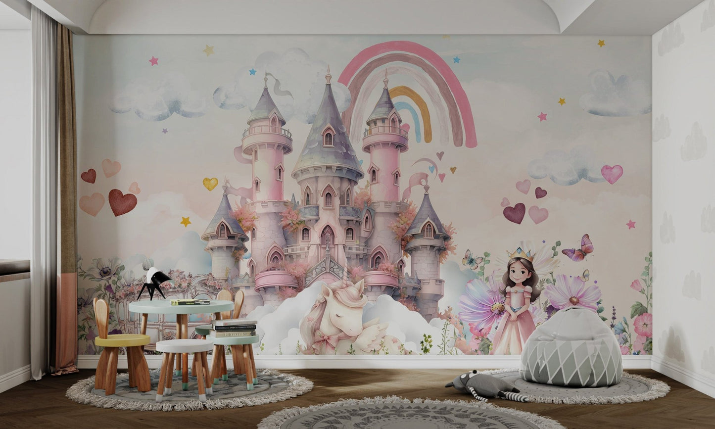 Pastel rainbow and clouds on a pink castle wall mural for study room.